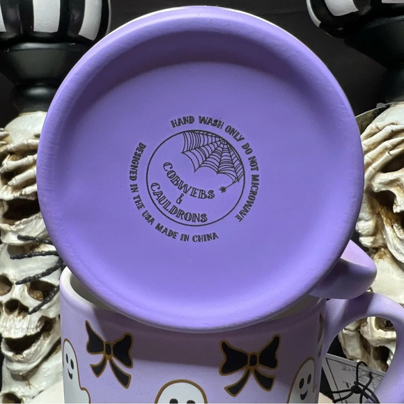 Cobwebs & Cauldrons Halloween Purple Ombre White Ghost Black Bow Coffee Mugs - Picture 12 of 12